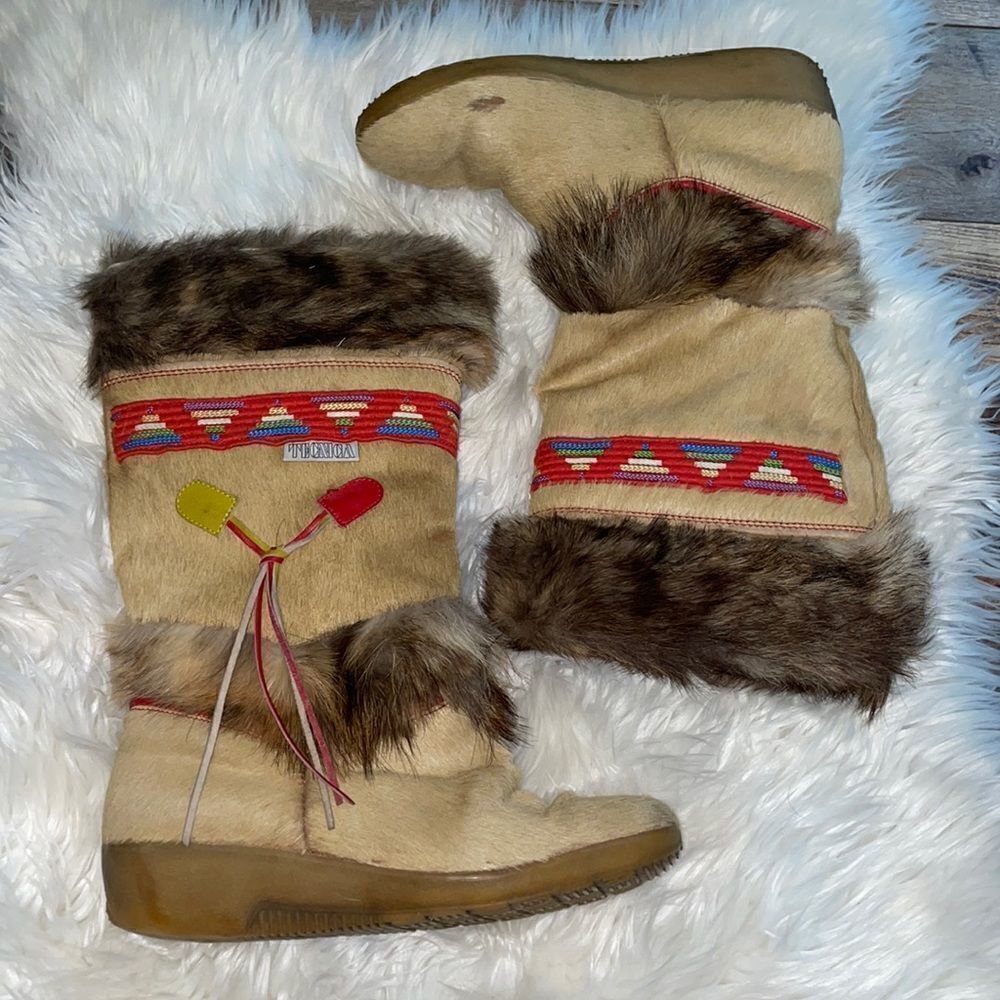 Vintage Tecnica Aztec Cowhide & Goat Fur Apres Ski Boots Made in Italy